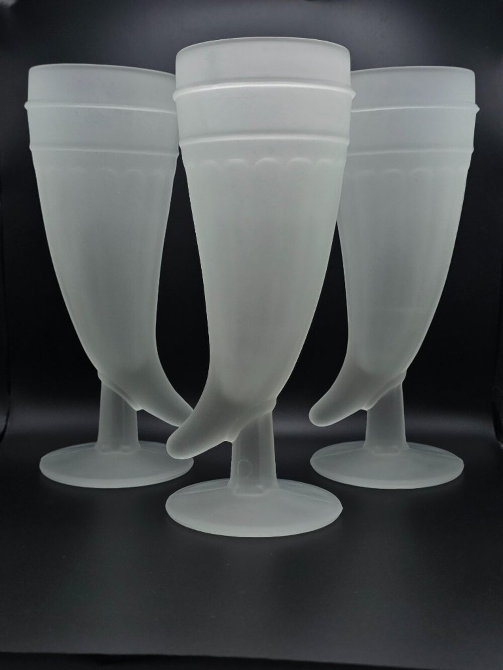 Indiana Glass Tiara Powder Horn Pilsner Beer Glasses Frosted 8" Vintage Set of 3